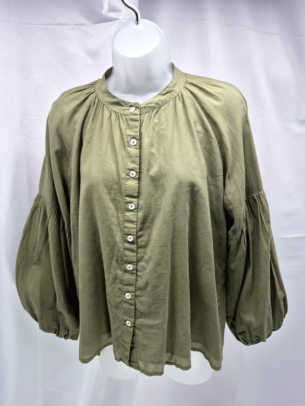 Olivia James Olive Green Cotton Balloon Sleeve Blouse Small Boutique Brand